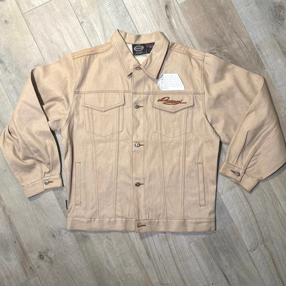 Davoucci Denim Jacket Raw Khaki Stitch Logo Jean Jacket 90s Streetwear XXL